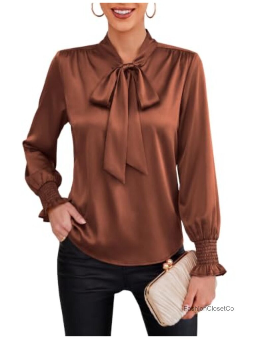 Satin Bow Tie Neck Blouse Long Sleeve Dressy Casual Top